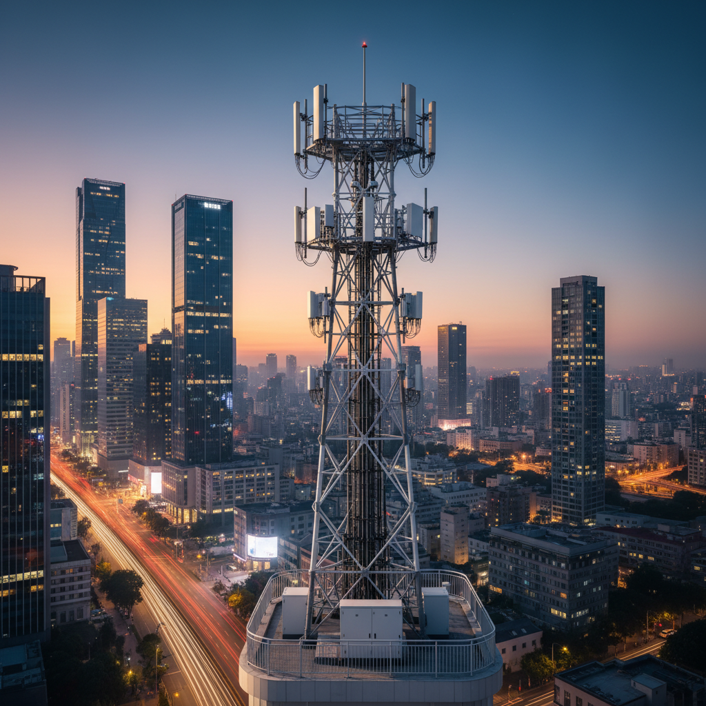 5G 통신 인프라 - 도심 속 5G 기지국과 네트워크 타워