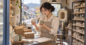 대구 남구의 독립 공방에서 도자기 시제품과 로컬브랜드 신청자료를 준비하는 청년 창업자