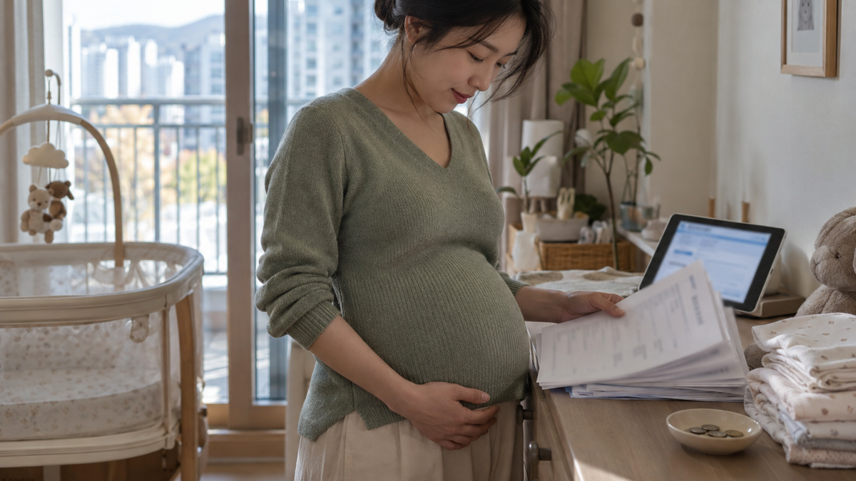 한국의 임신한 여성 근로자가 출산전후휴가급여 신청 서류를 확인하는 생활 장면