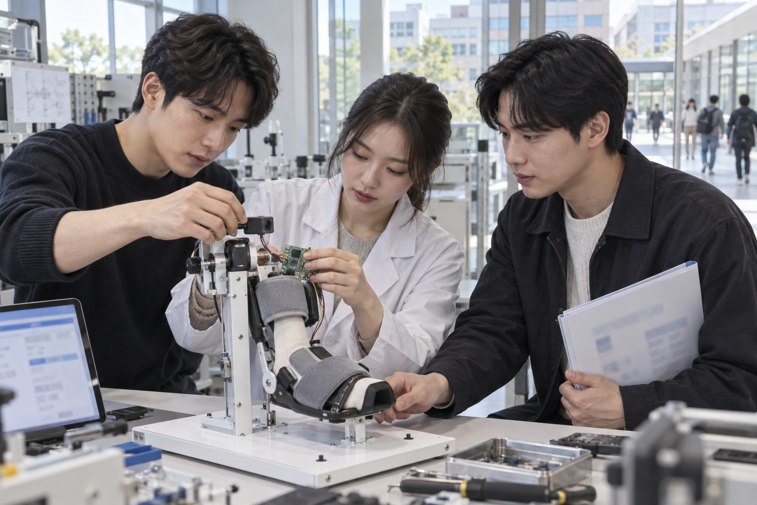 기술 시제품을 함께 검토하며 창업 팀빌딩을 준비하는 한국 성인 예비창업자와 연구자